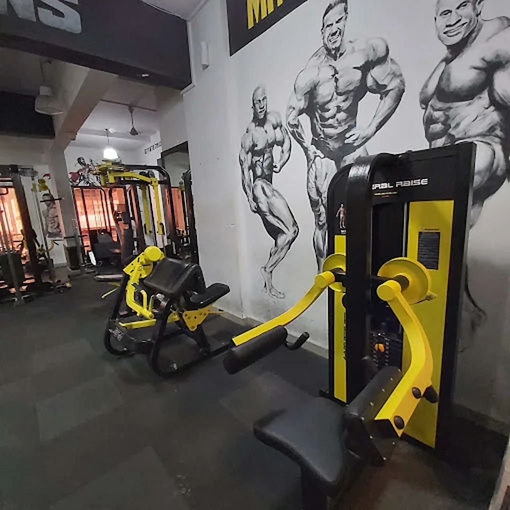 Preacher curl and arm machines in front of a bodybuilder mural
