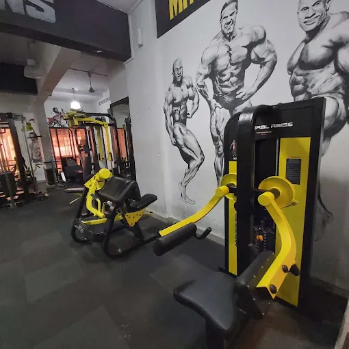 Preacher curl and arm machines in front of a bodybuilder mural